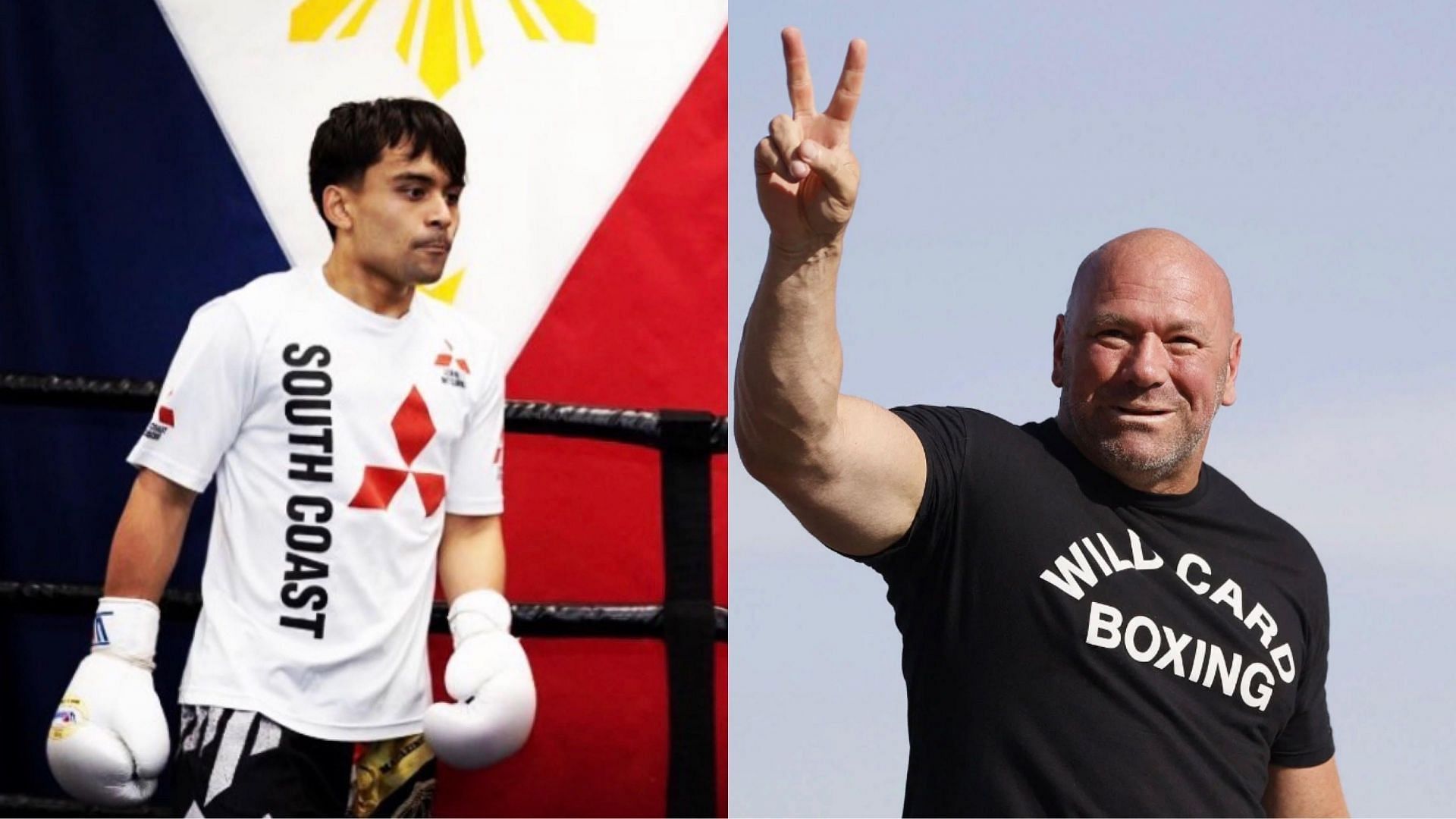 Manny Pacquiao Jr. (left) and Dana White (right) [images courtesy of Instagram and Getty]