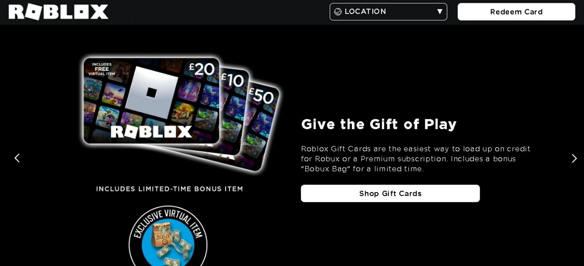 Gift Cards main page (Image via Roblox)
