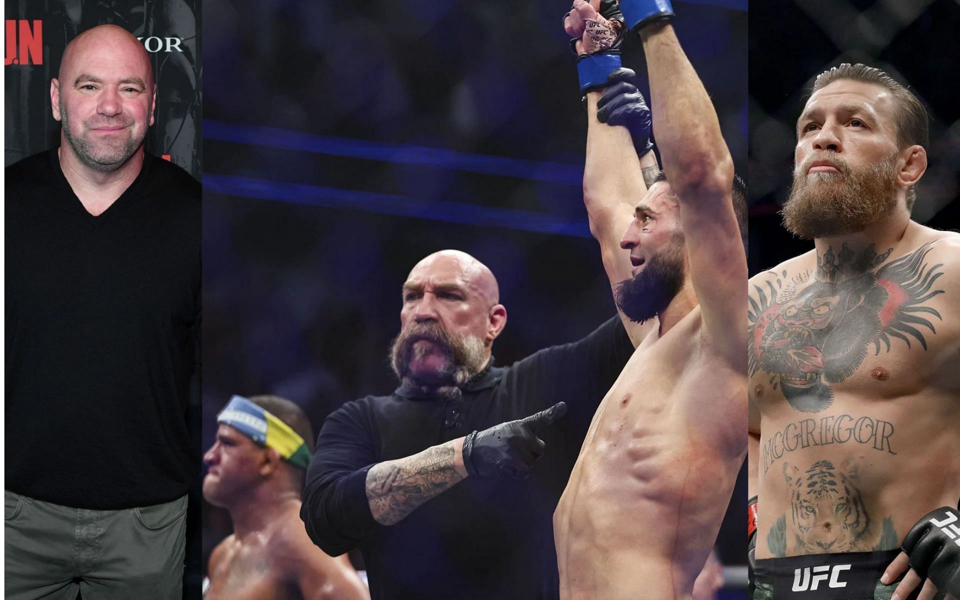 Dana White (left) compares Gilbert Burns vs. Khamzat Chimaev (center) to Conor McGregor&#039;s (right) UFC appearance in Dublin in 2014