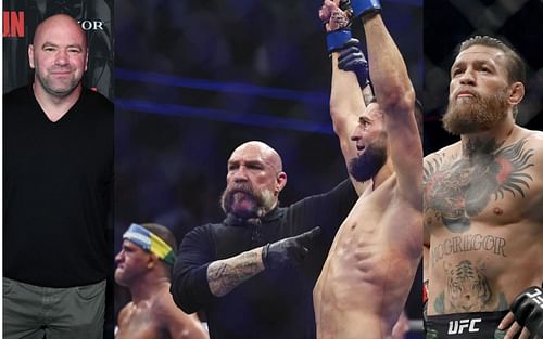 Dana White (left) compares Gilbert Burns vs. Khamzat Chimaev (center) to Conor McGregor's (right) UFC appearance in Dublin in 2014