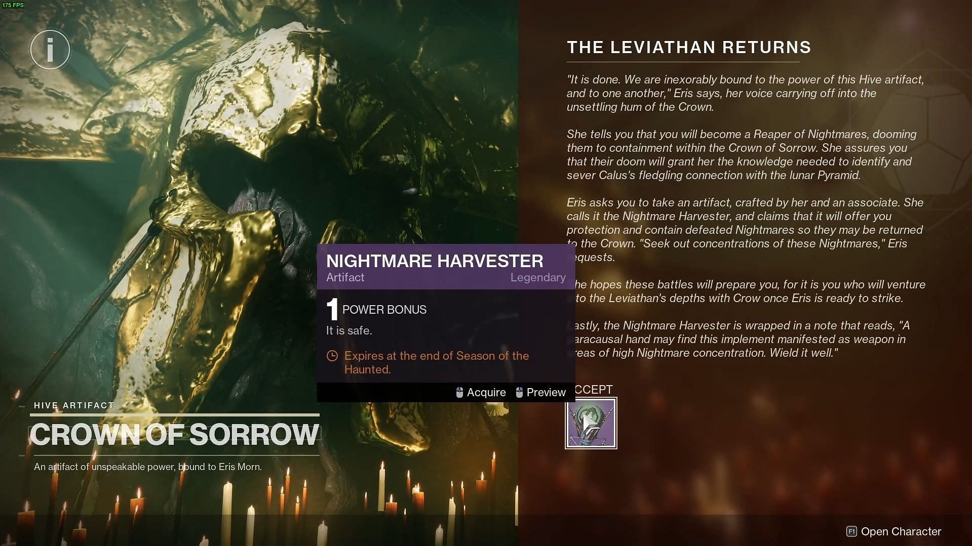 Picking up the Nightmare Harvester artifact for Season of the Haunted (Image via Destiny 2)