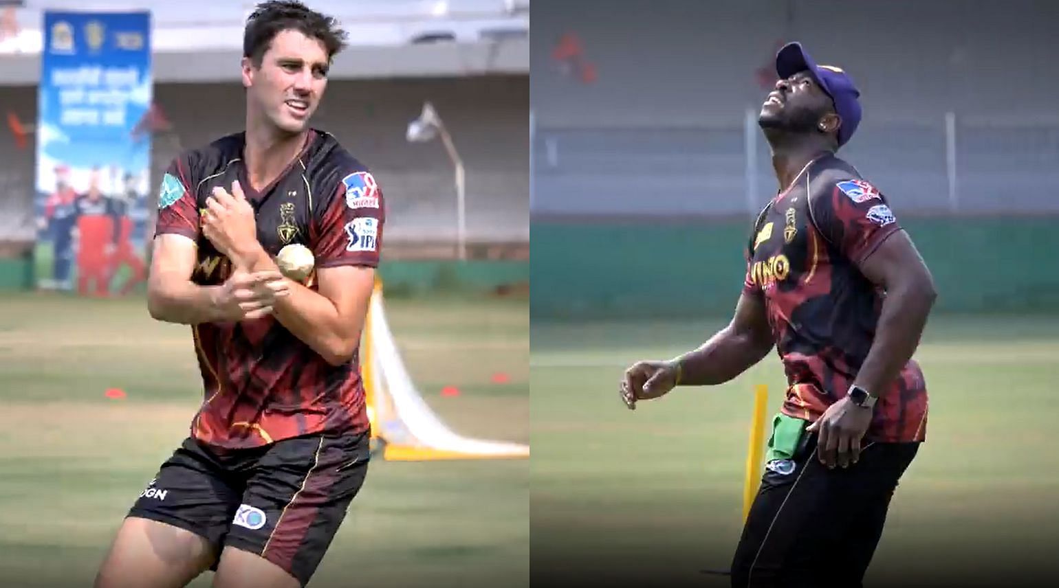 Pat Cummins (left) and Andre Russell taking the &lsquo;popcorn&rsquo; challenge. Pics: KKR/ Twitter