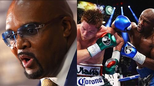 Leonard Ellerbe (left), Canelo Alvarez & Floyd Mayweather (right) [images courtesy of getty]