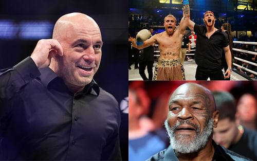 Joe Rogan (left); Jake and Logan Paul (top right); Mike Tyson (bottom right)