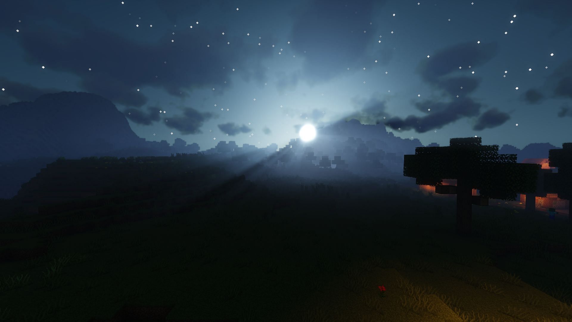 The moon&#039;s position after a /time set night command (Image via Minecraft)