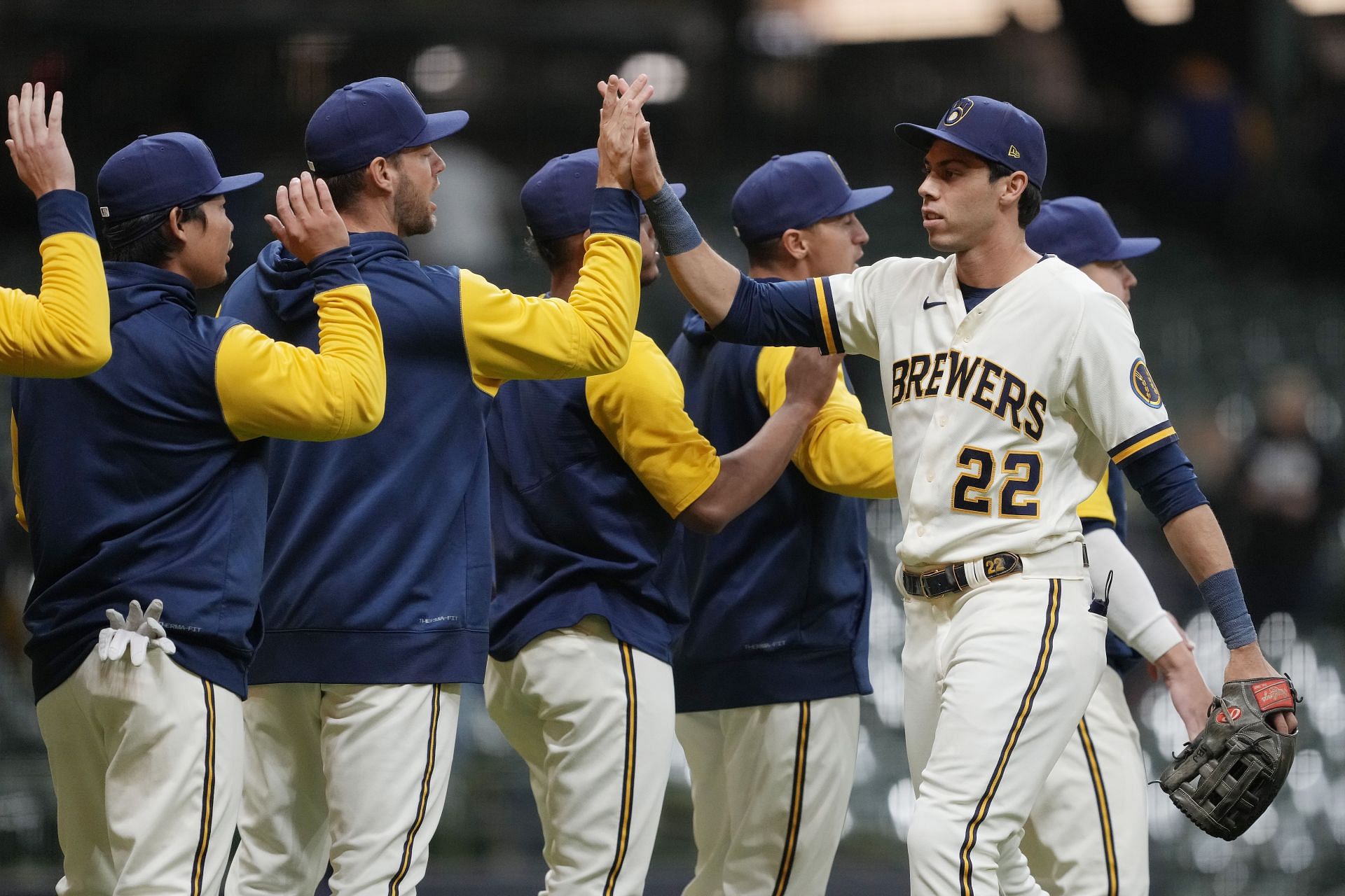 The Brewers celebrate a victory against the Pirates earlier this season. 