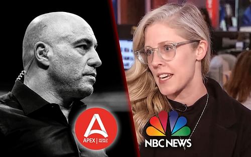 Joe Rogan, Apex World News logo (L) (via @apexworldnews on Twitter), Brandy Zadrozny (via NBC News on YouTube) and NBC logo (via nbcnews.com)(R)