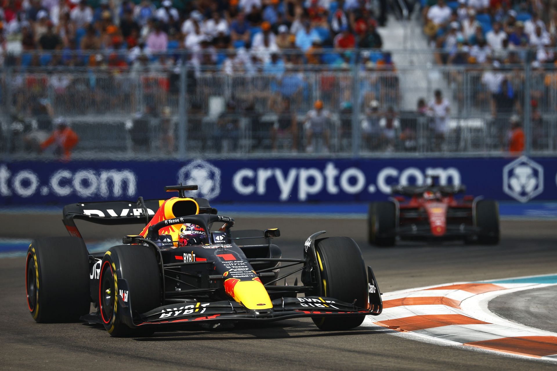 Max Verstappen (foreground) and Charles Leclerc (background) in action during the 2022 F1 Miami GP. (Photo by Jared C. Tilton/Getty Images)