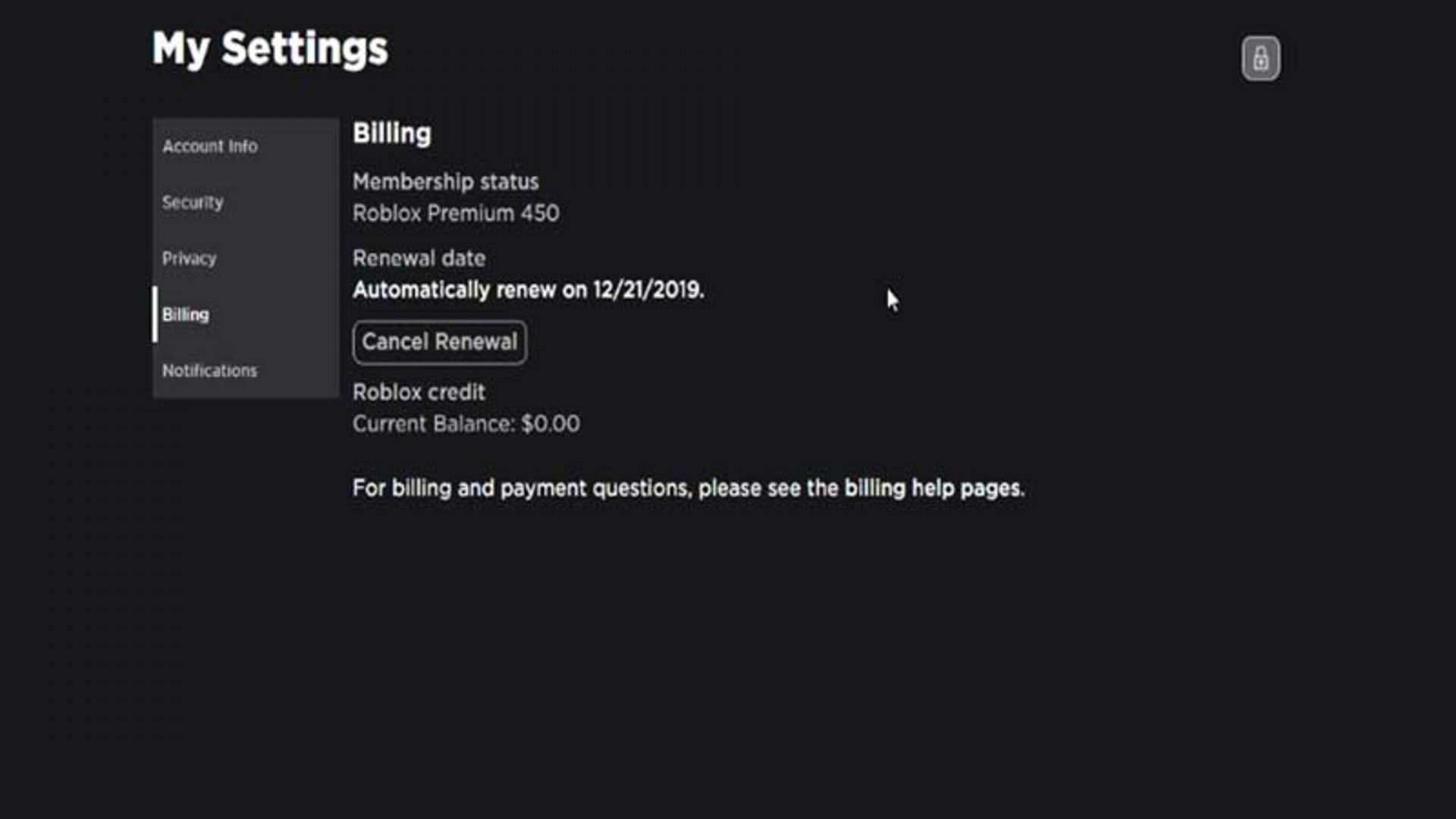 The billing section (Image via Roblox)