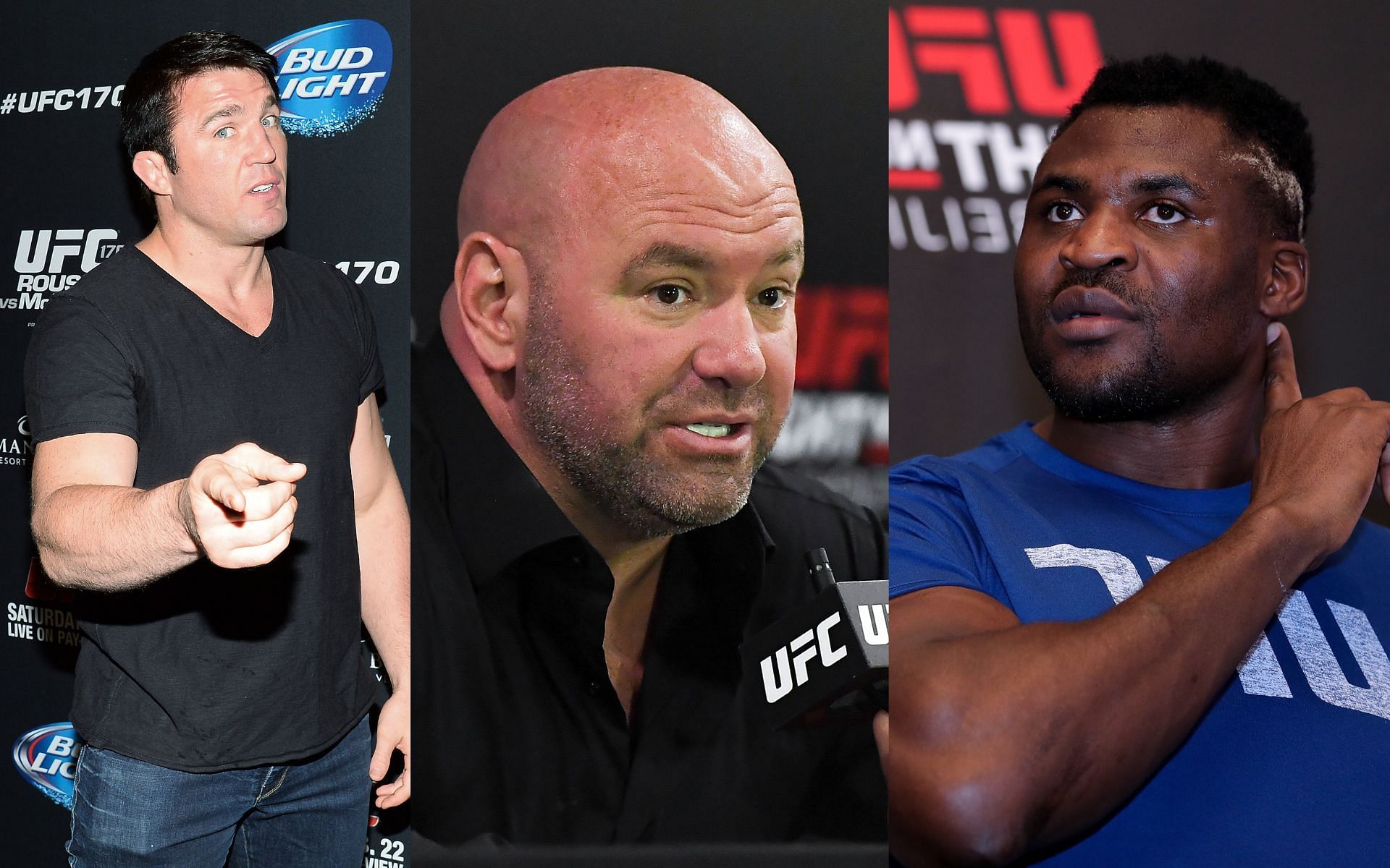 Chael Sonnen (left), Dana White (center), Francis Ngannou (right)