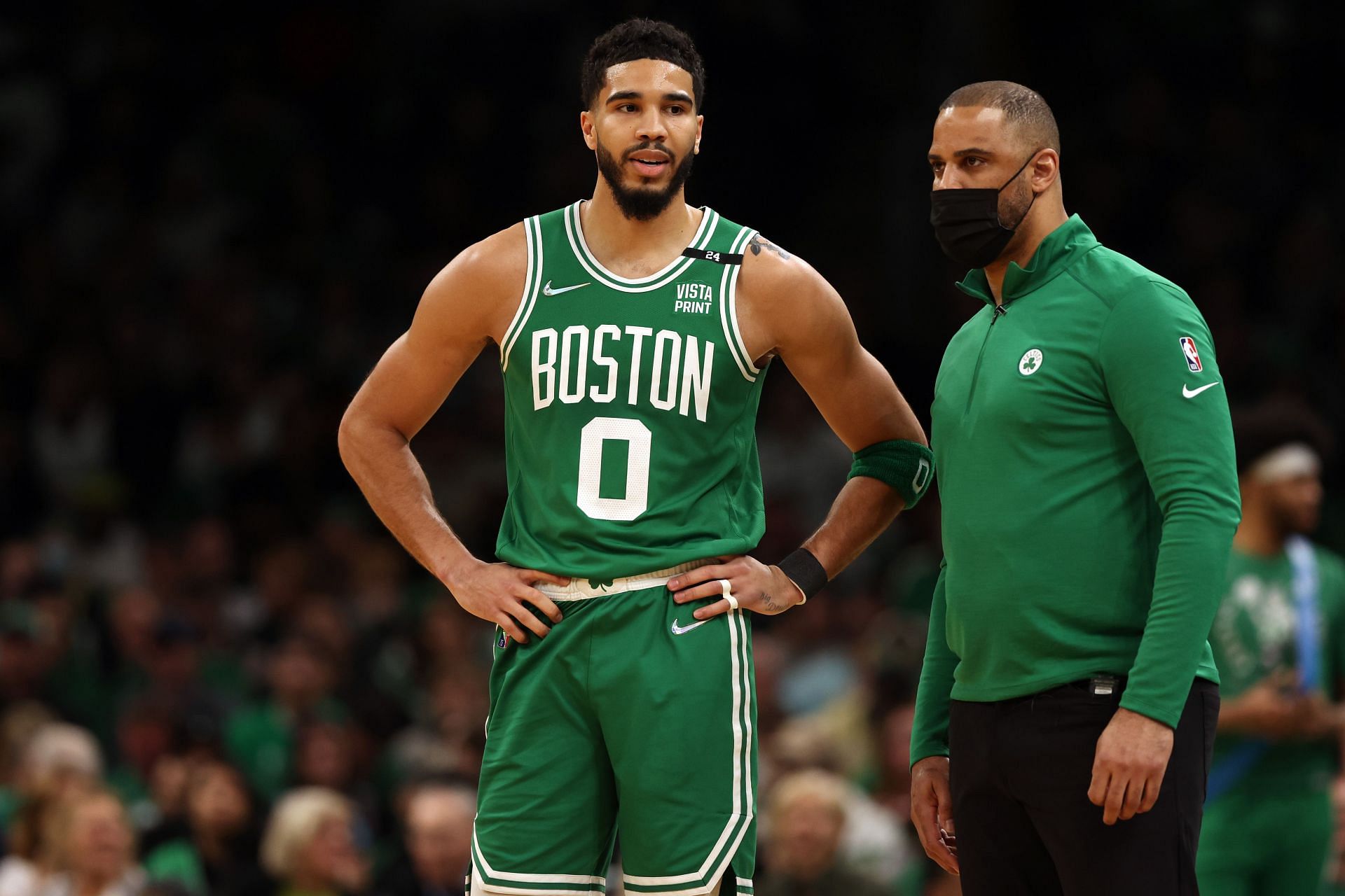 Boston Celtics head coach Ime Udoka talks with Jayson Tatum #0 during the first quarter of Game Two of the Eastern Conference Semifinals against the Milwaukee Bucks at TD Garden on May 03, 2022 in Boston, Massachusetts.