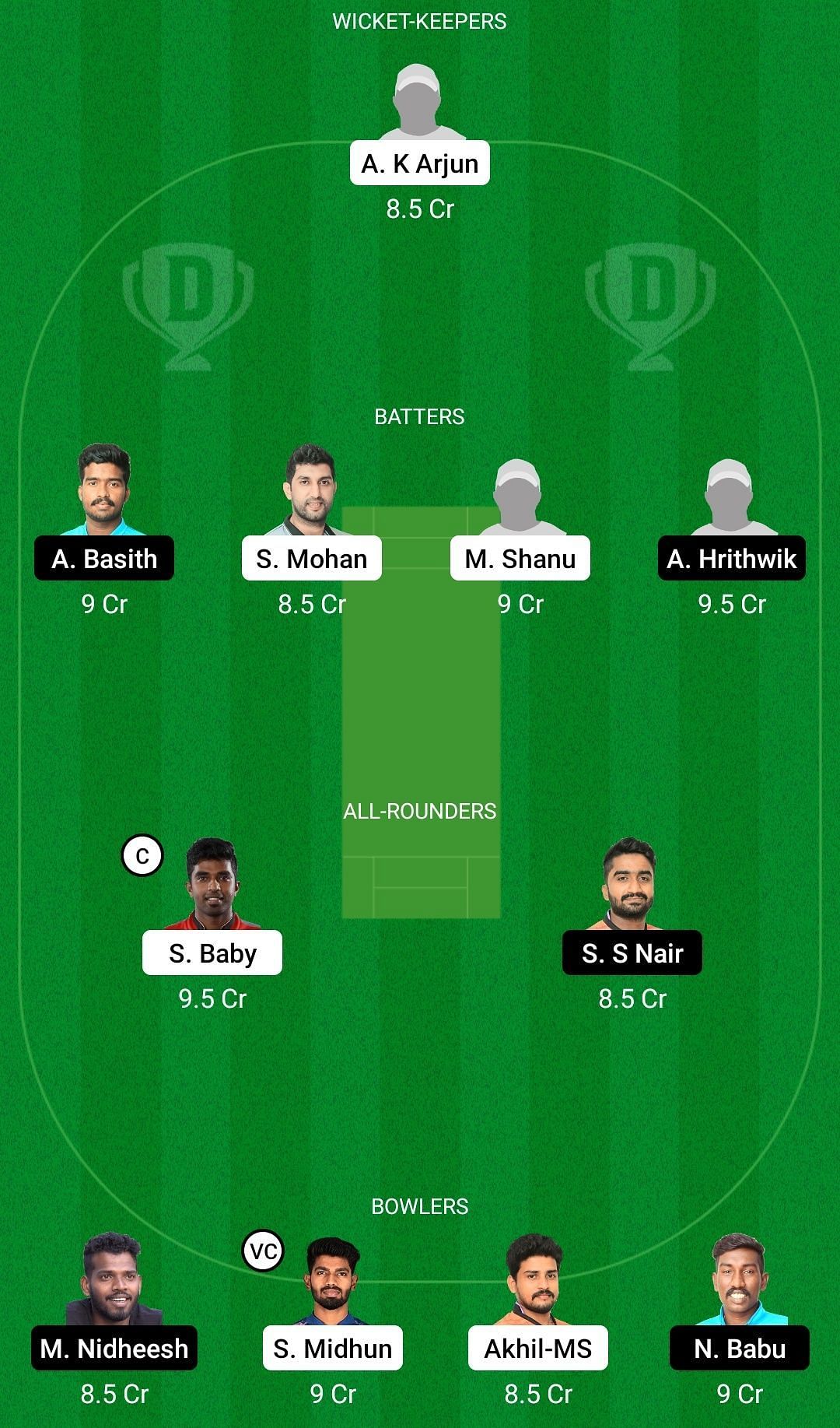 Dream11 Team for AGORC vs Tripunithura Cricket Club - KCA Club Championship 2022.