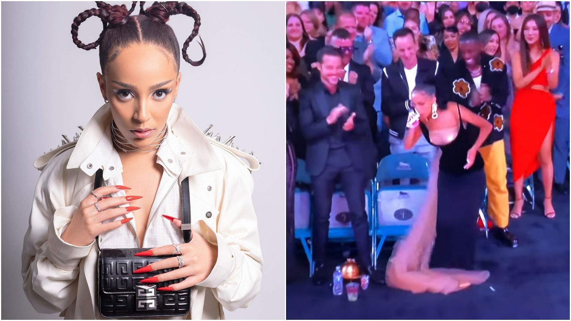 Doja Cat stopped to smoke her vape before accepting the award at the Billboard Music Awards (Image via @dojacat/Instagram and @ken88/YouTube )