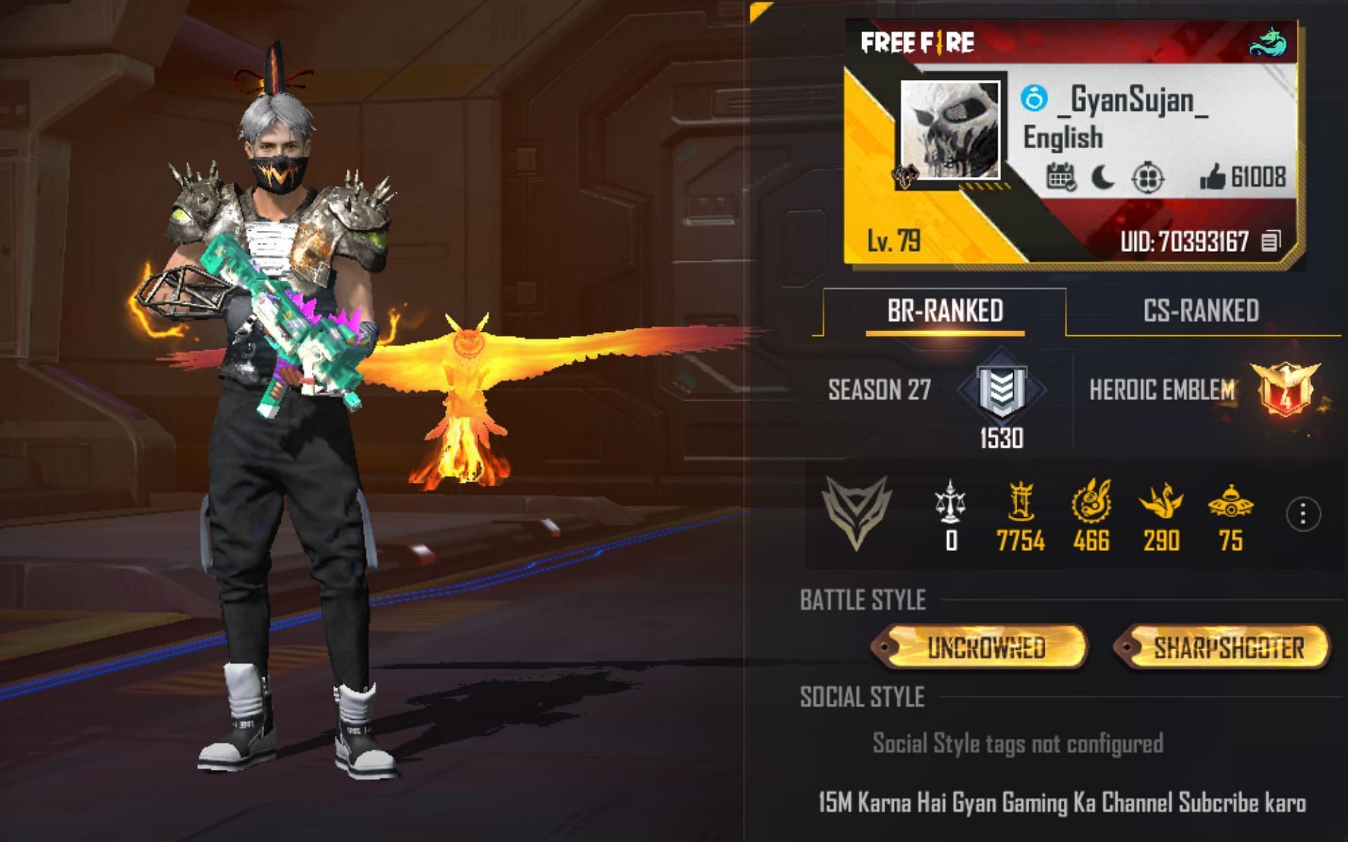 Gyan Sujan&#039;s Free Fire ID (Image via Garena)