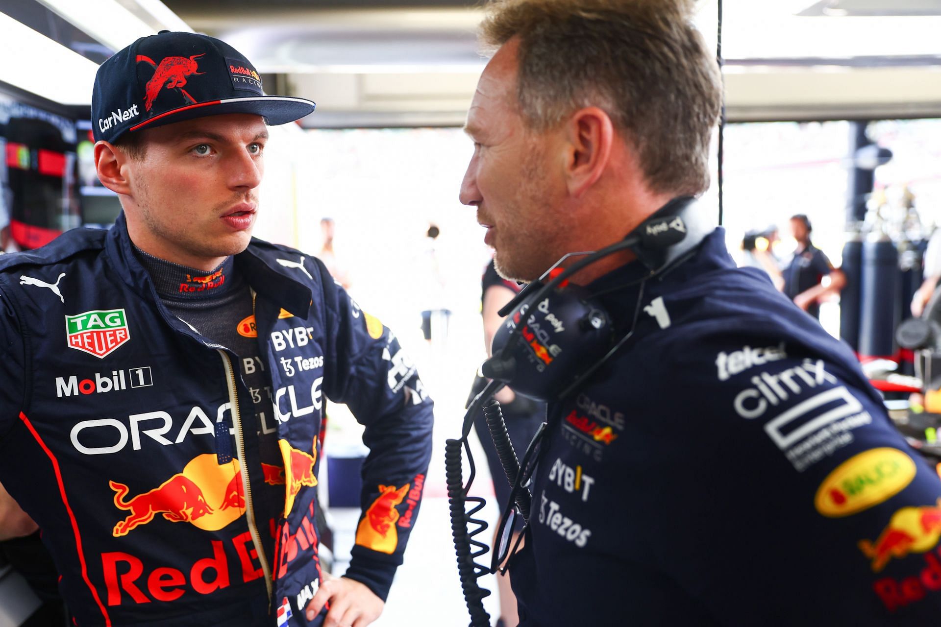 Max Verstappen (left) and Christian Horner (right) at the F1 Grand Prix of Spain - Practice
