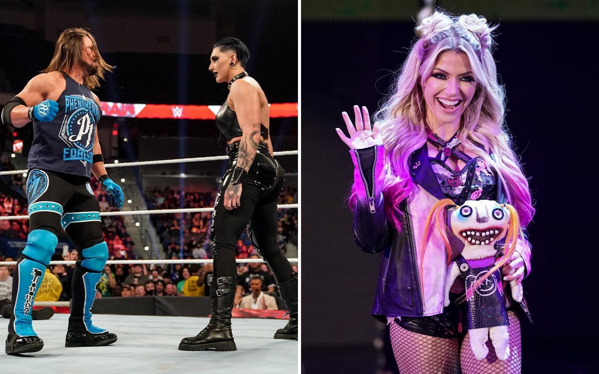 AJ Styles and Rhea Ripley (left); Alexa Bliss returned (right)