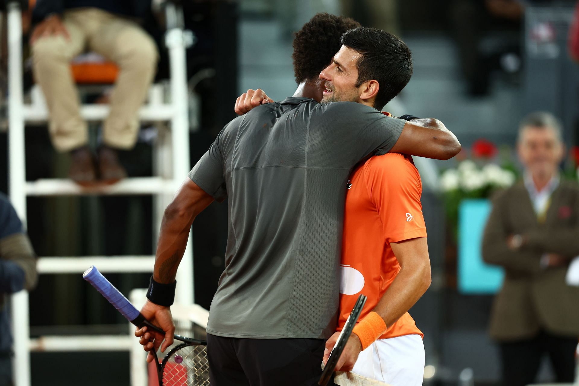 Novak Djokovic (right) beat Gael Monfils for the 18th time on Tuesday in Madrid