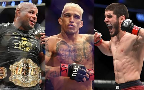 Daniel Cormier (left), Charles Oliveira (centre), Islam Makhachev (right)