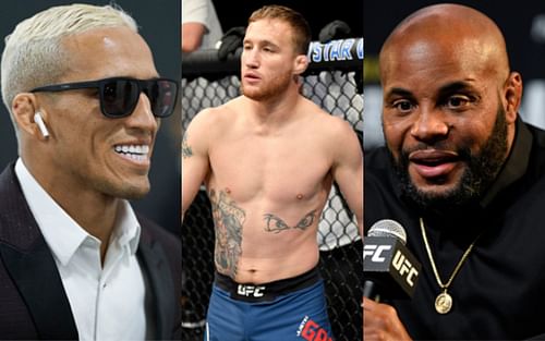 Charles Oliveira (left); Justin Gaethje (center); Daniel Cormier (right)