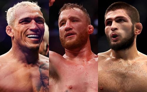 L-R: Charles Oliveira, Justin Gaethje, and Khabib Nurmagomedov