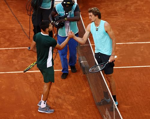 Alexander Zverev [right] congratulates Carlos Alcaraz after the Mutua Madrid Open final