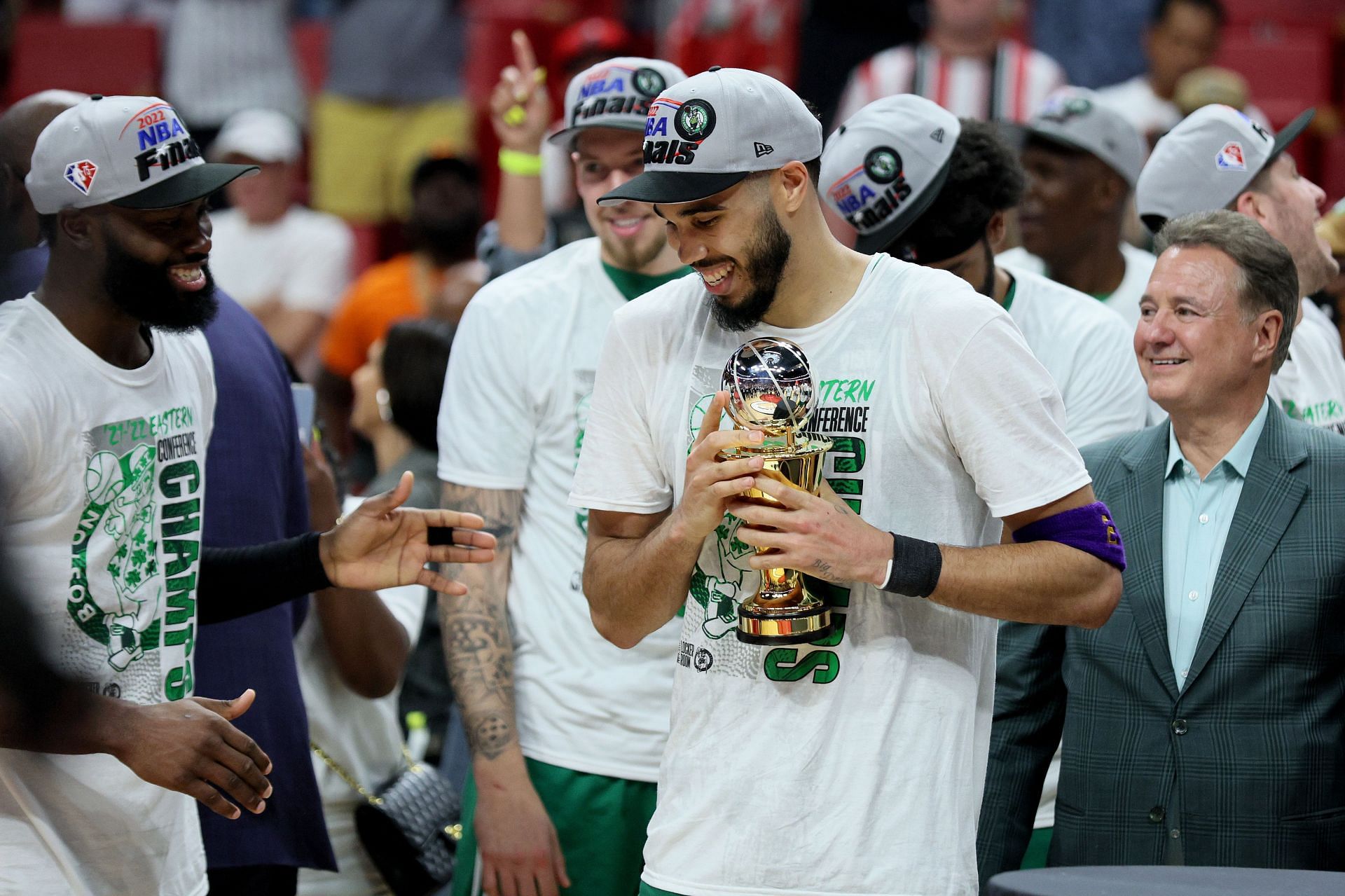 Jayson Tatum of the Boston Celtics celebrates after winning the Larry Bird ECFMVP trophy.