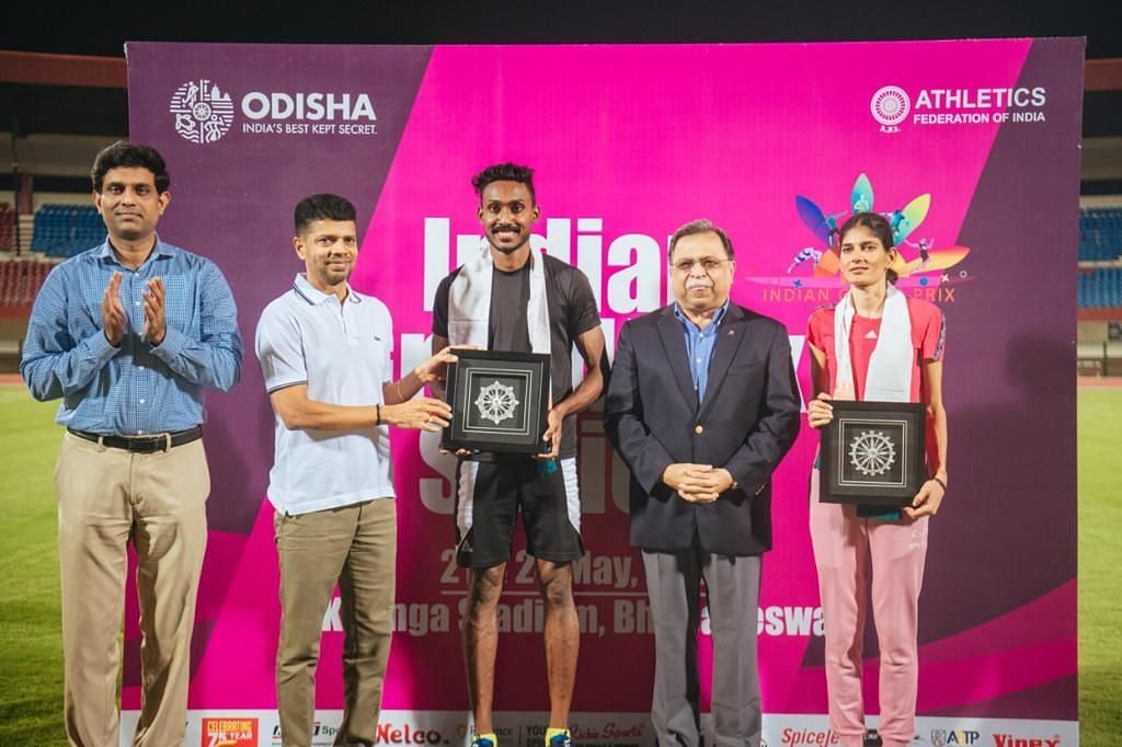 Indian Grand Prix concluded on Tuesday, May 24, at Bhubaneswar. Best male and female athletes, Anees Yahiya and Parul Choudhary being felicitated by AFI president Adille Sumariwala (Twitter/Odisha Sports)