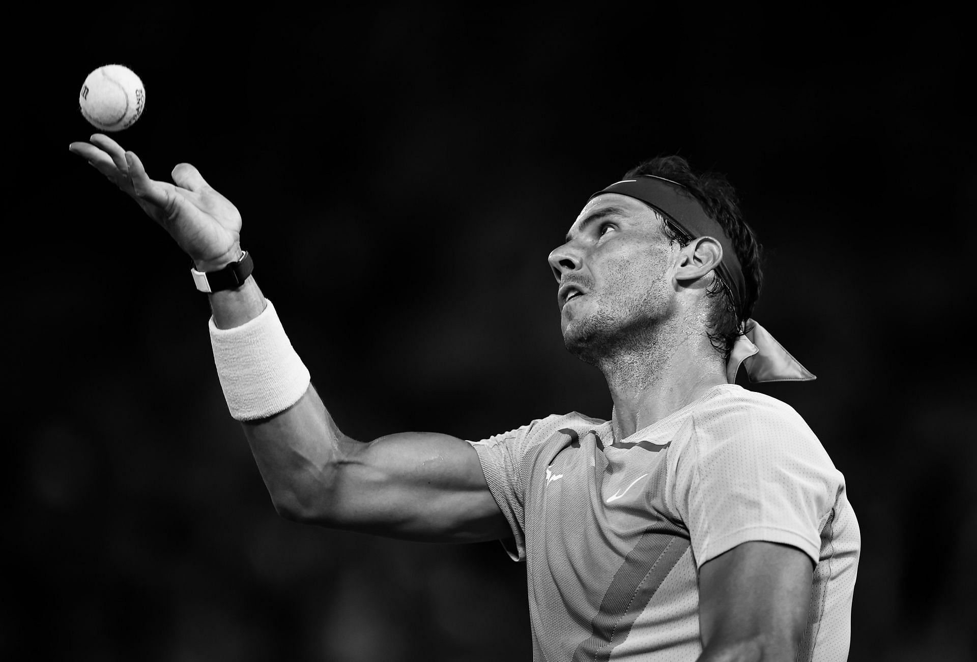 Rafael Nadal serves against Corentin Moutet of France during the Men&#039;s Singles Round 2