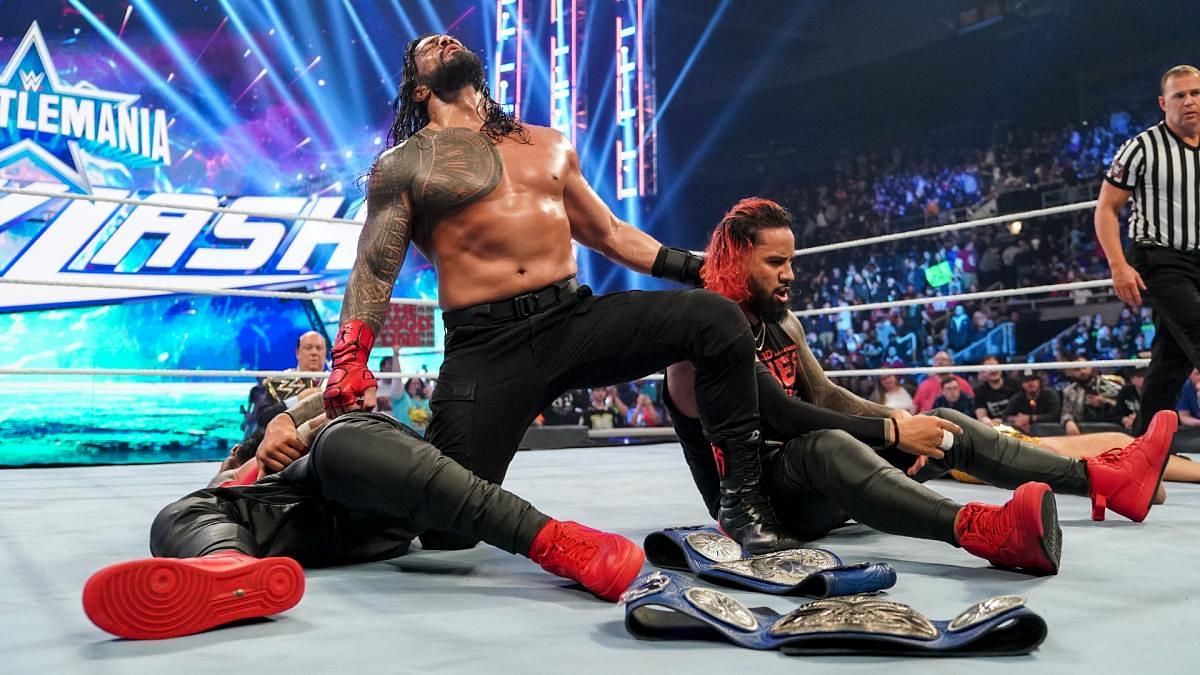 Roman Reigns and The Usos during their match at WrestleMania Backlash
