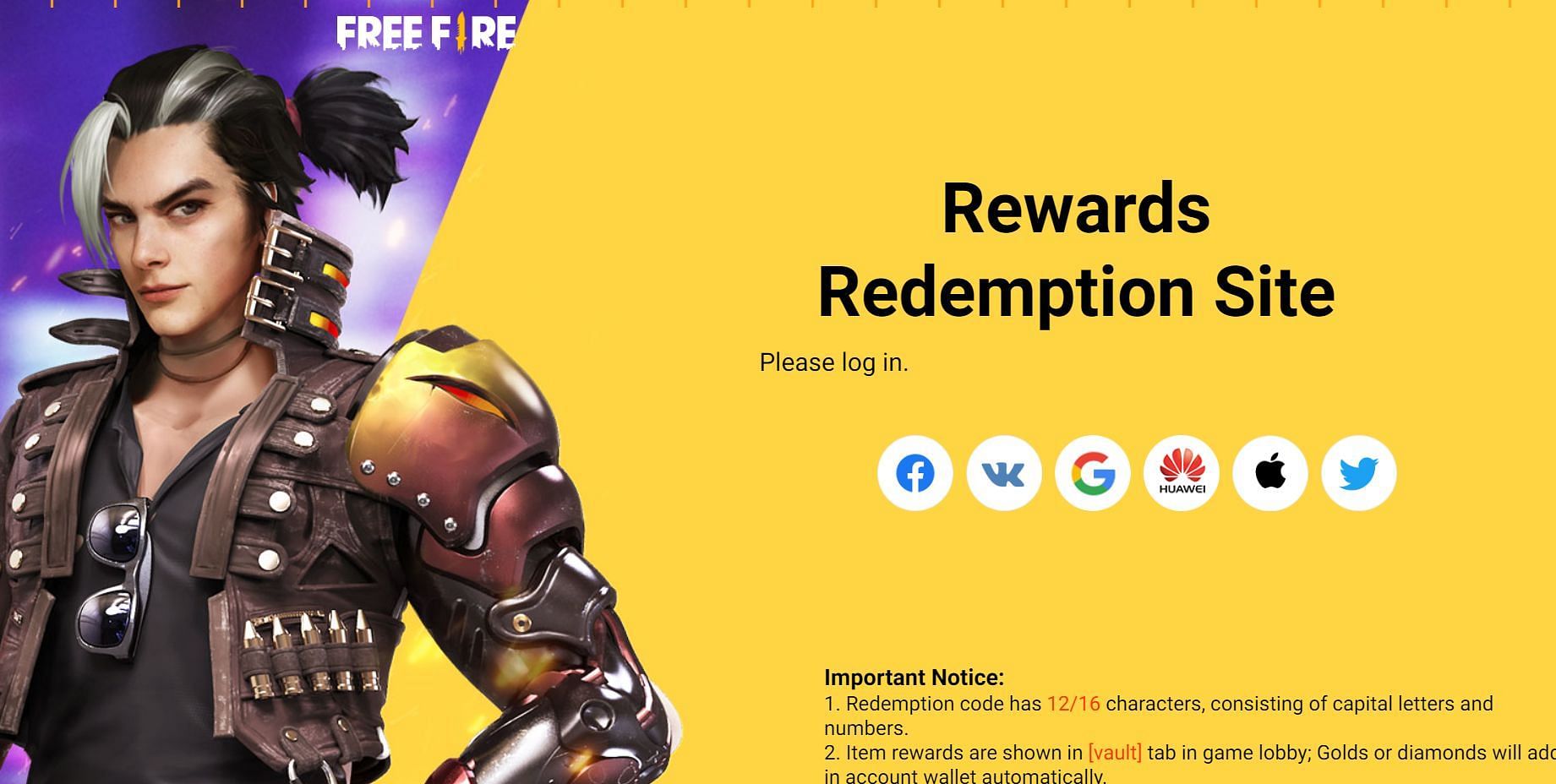 Visit the Rewards Redemption Site and sign in through one of these available options(Image via Garena)