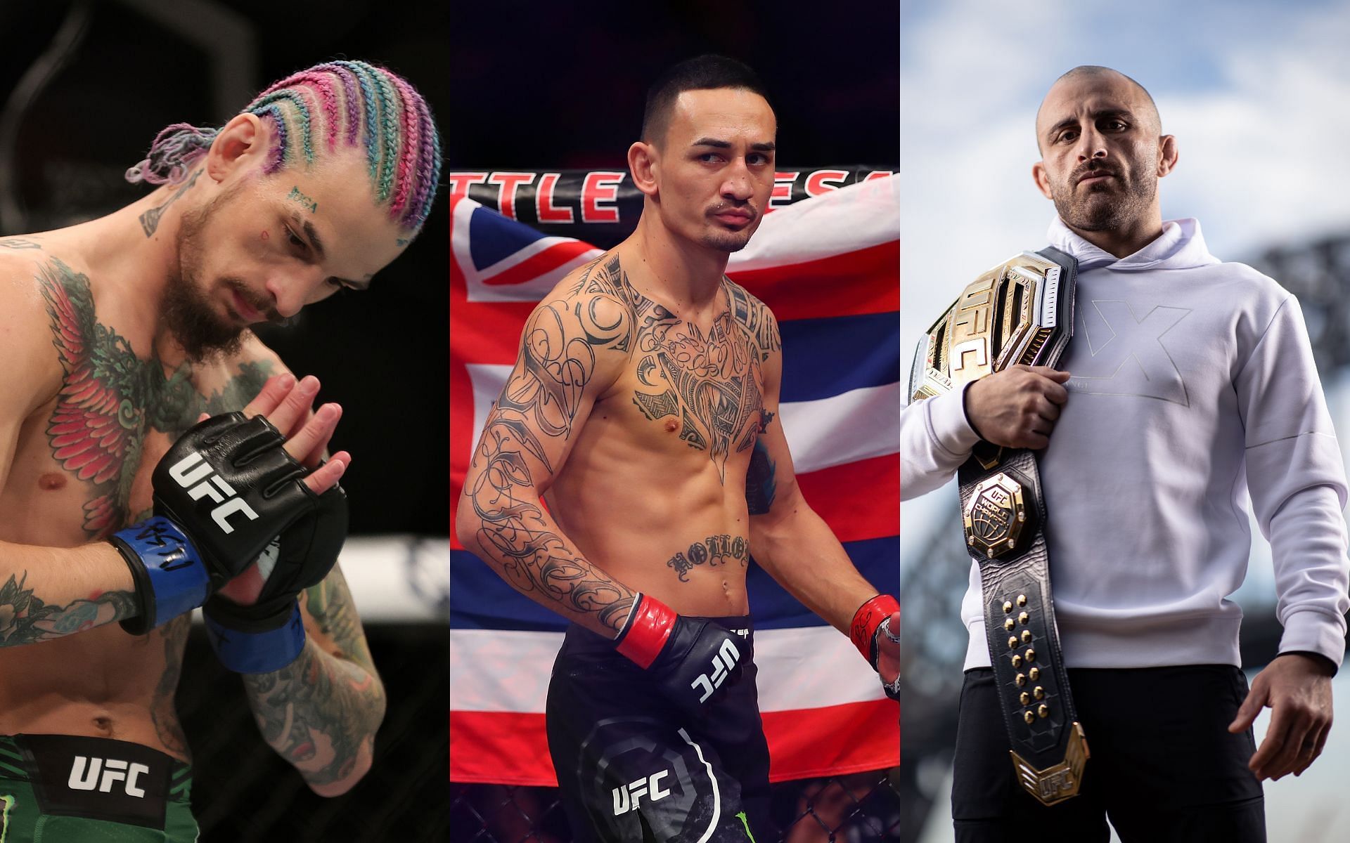 Sean O&#039;Malley (left); Max Holloway (center); Alexander Volkanovski (right)