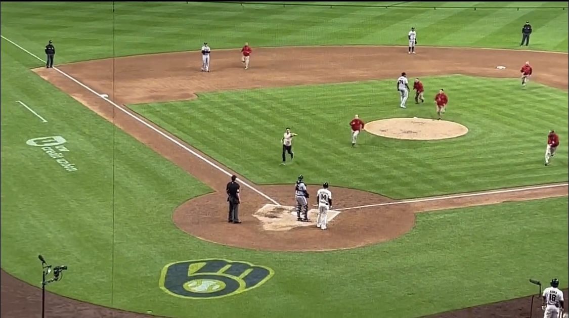 The streaker seen running toward home plate at the Brewers v Braves game