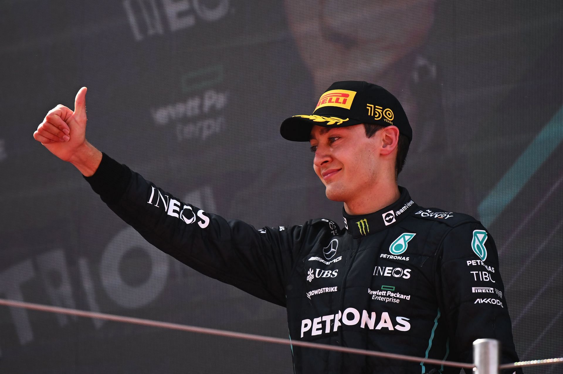 George Russell celebrates on the podium after the 2022 Spanish GP (Photo by Clive Mason/Getty Images)