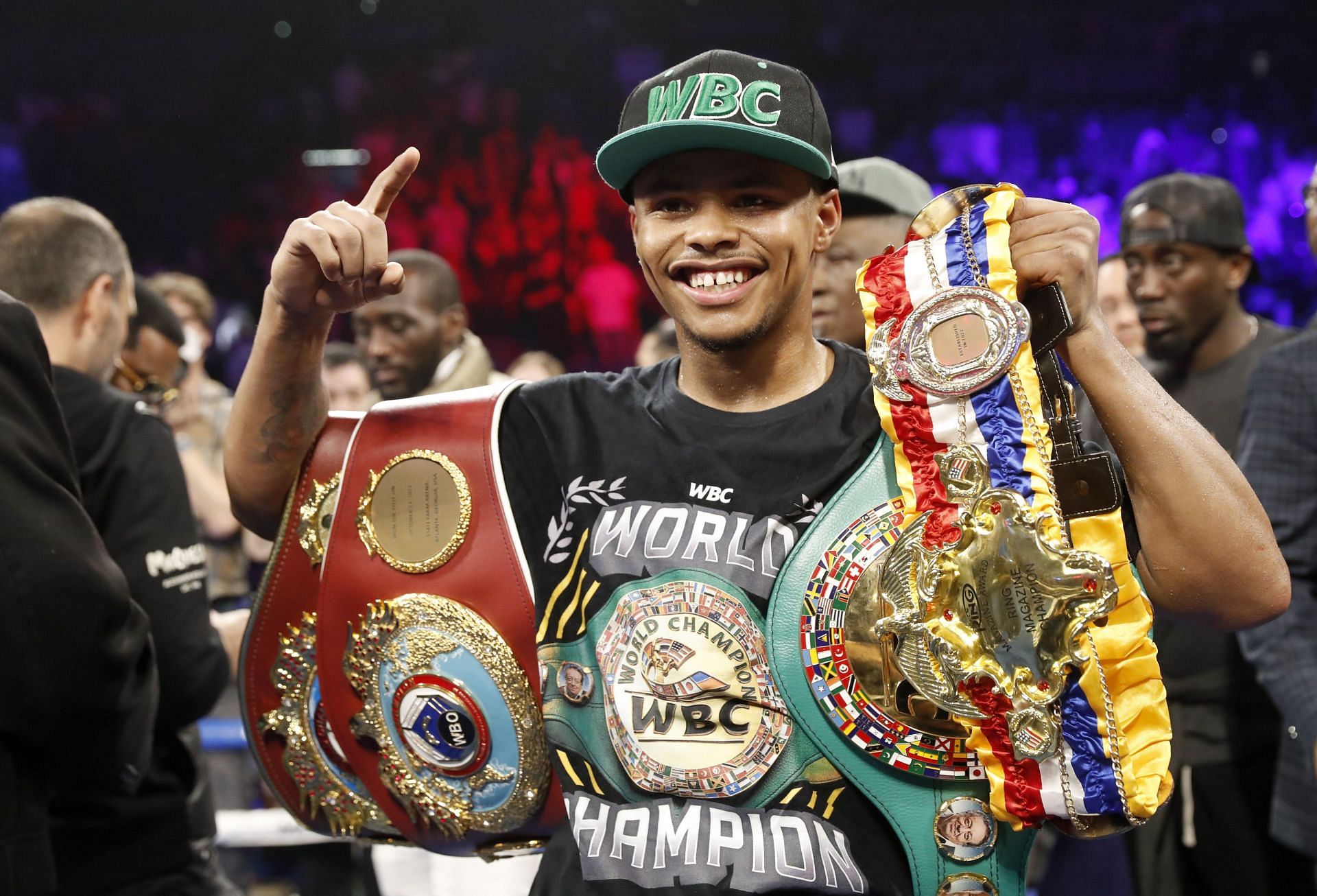 Shakur Stevenson celebrates after defeating Oscar Valdez.