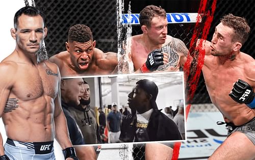 (Back images, L to R) Michael Chandler (via ufc.com), Joaquin Buckley, Jack Hermansson, and Darren Till. (Front image) Till, Khamzat Chimaev and Buckley [via Khamzat Chimaev on YouTube]