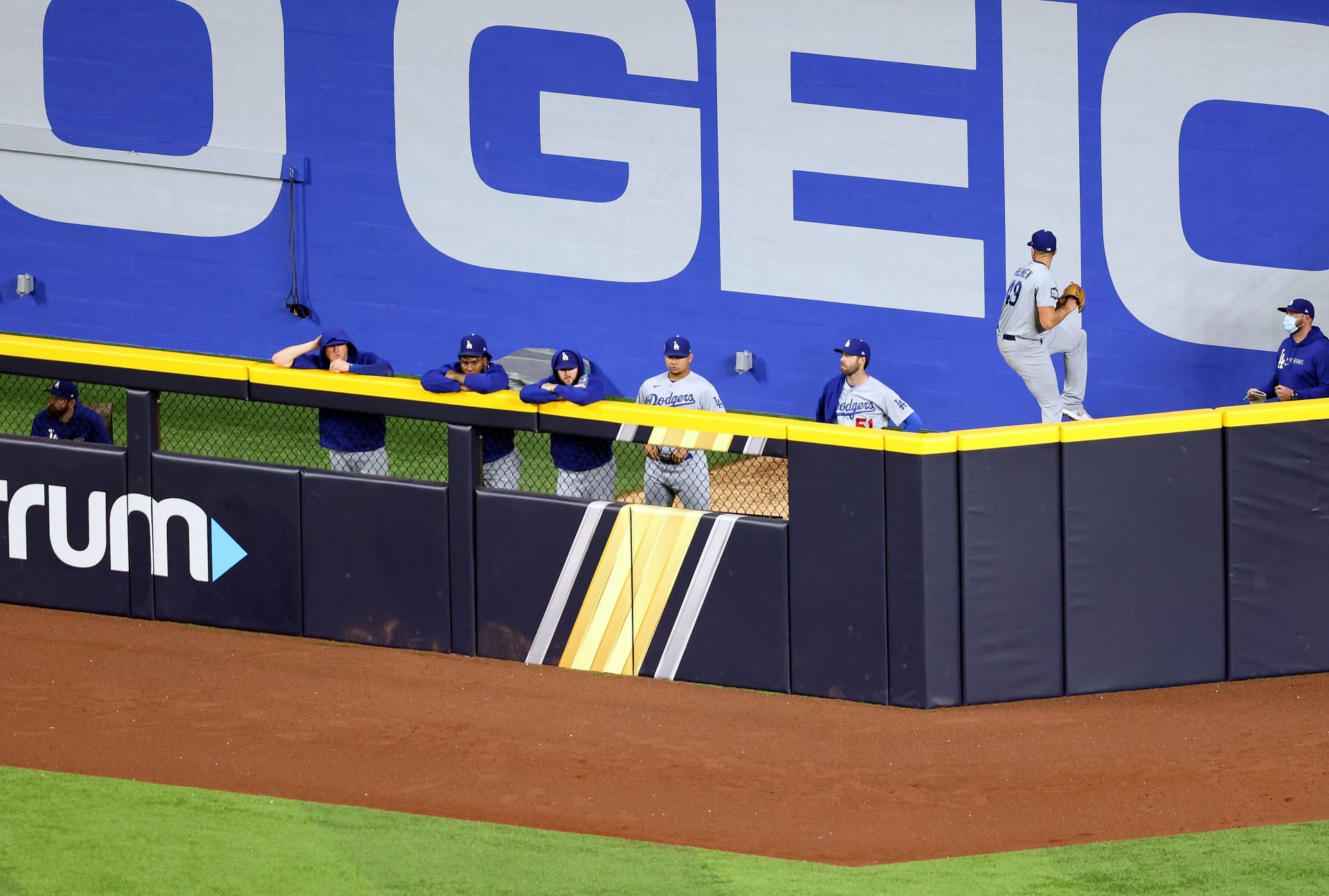 Los Angeles Dodgers bullpen looks on during a game.