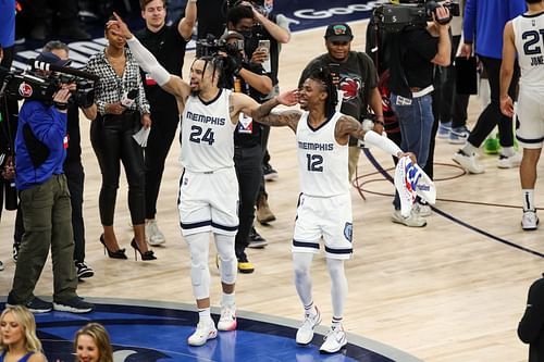 Memphis Grizzlies players Dillon Brooks and Ja Morant celebrate the series-clinching win over the Minnesota Timberwolves in Game 6.