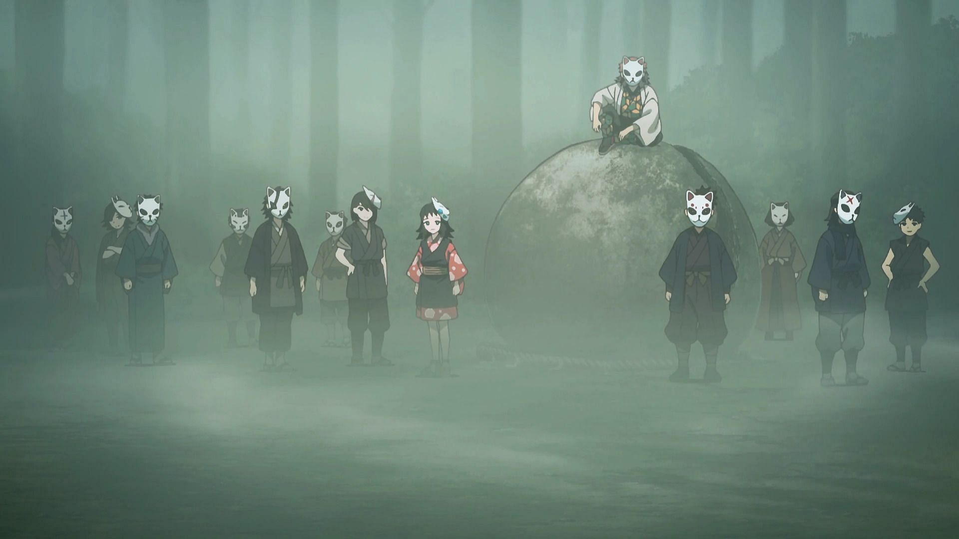 All students of Urokodaki Sakonji wearing their Kitsune masks (Image via Ufotable)