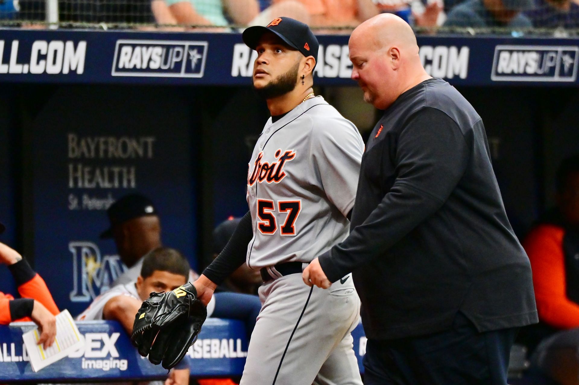 Detroit Tigers SP Eduardo Rodriguez was withdrawn from the game with an obvious injury.