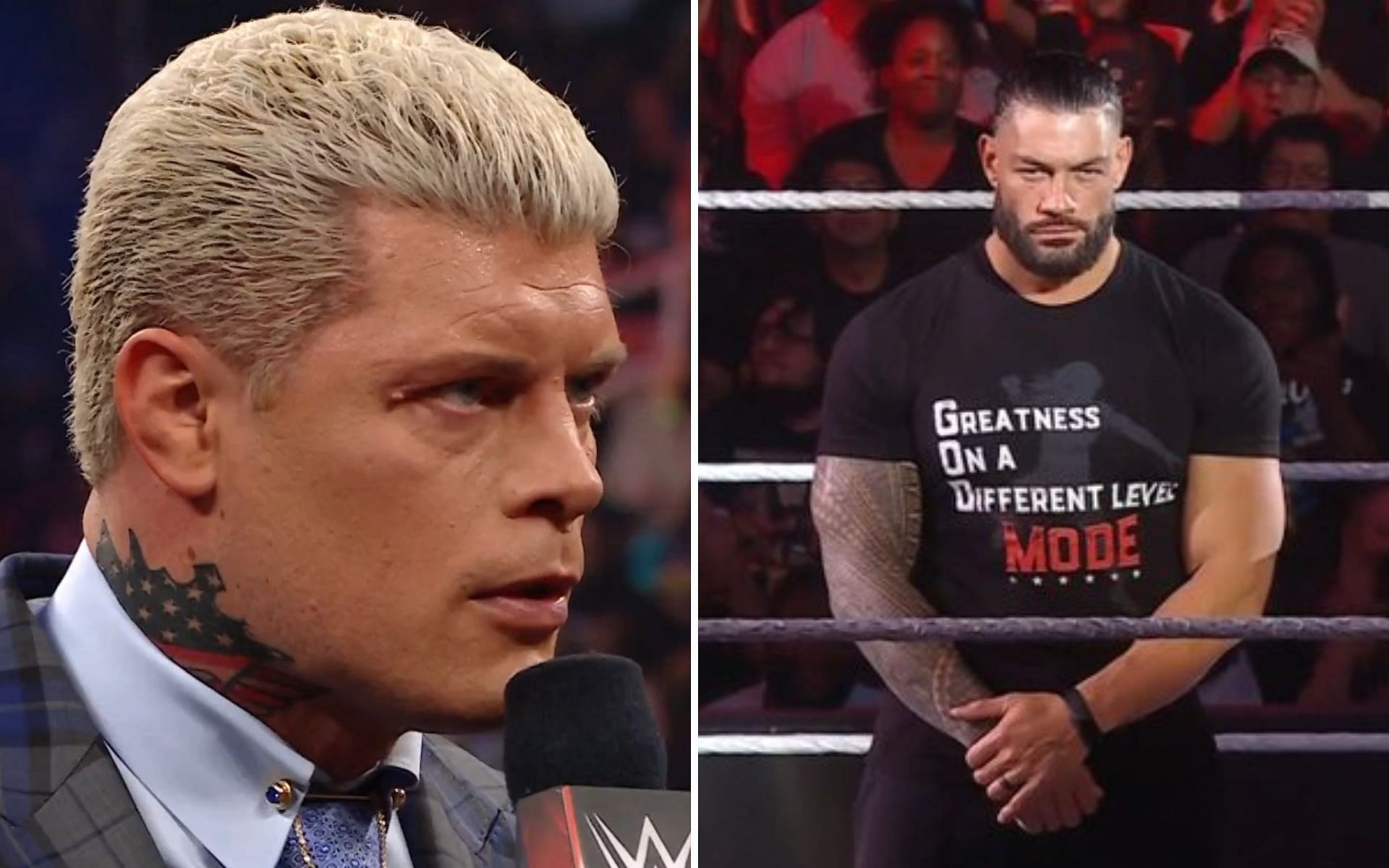 Cody Rhodes (left); Roman Reigns (right) on the red brand this week
