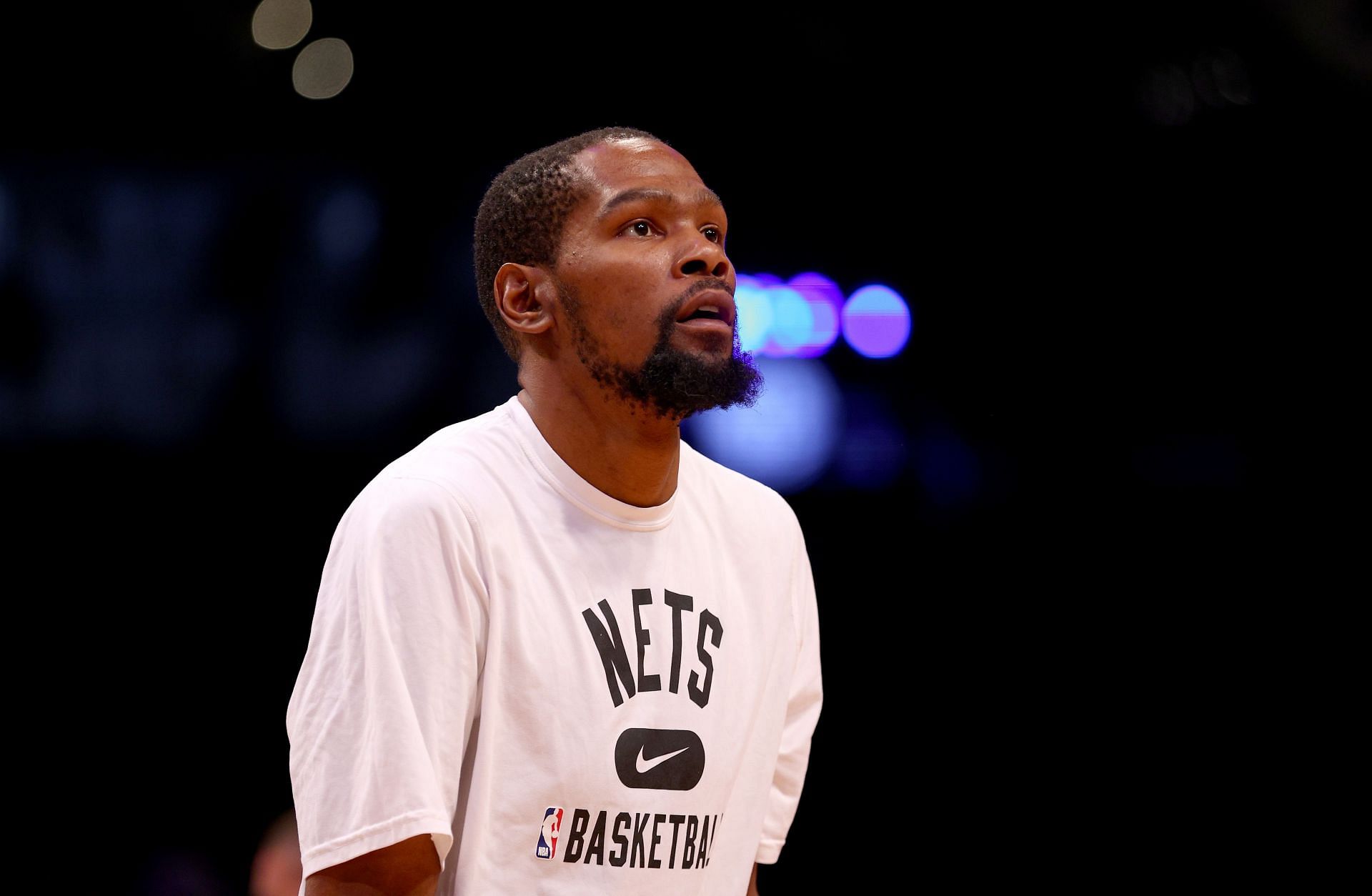 Kevin Durant #7 of the Brooklyn Nets warms up before Game Four of the Eastern Conference First Round Playoffs against the Boston Celtics at Barclays Center on April 25, 2022 in the Brooklyn borough of New York City.