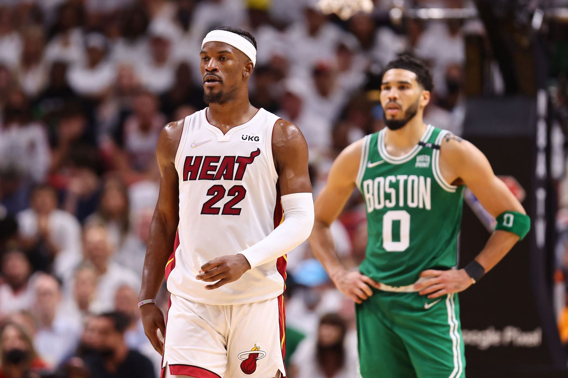 Jimmy Butler of the Miami Heat and Jayson Tatum of the Boston Celtics.