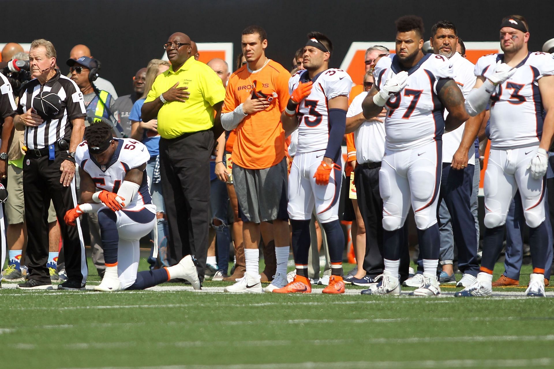 Denver Broncos linebacker Brandon Marshall kneeling