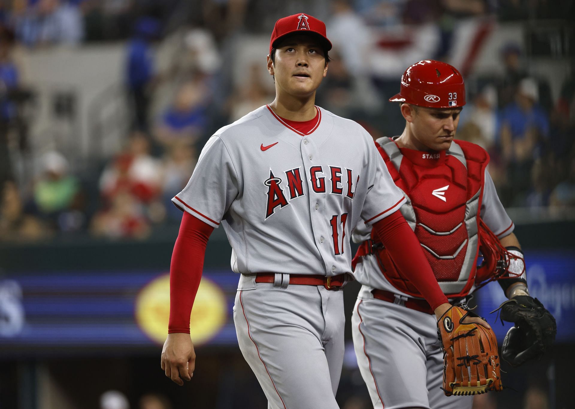 Shohei Ohtani and Max Stassi of the Los Angeles Angels