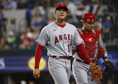 Shohei Ohtani and Max Stassi of the Los Angeles Angels