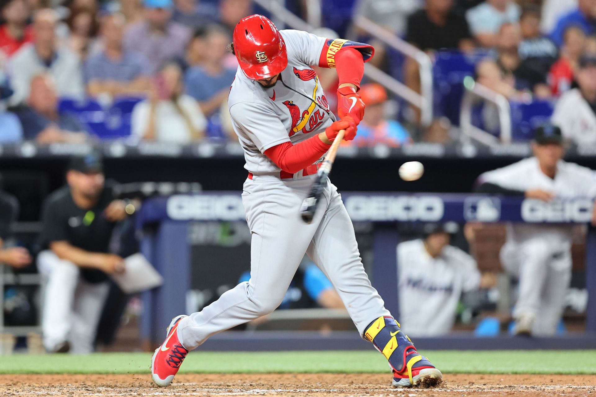Nolan Arenado of the St. Louis Cardinals hits a two-run home run against the Miami Marlins.