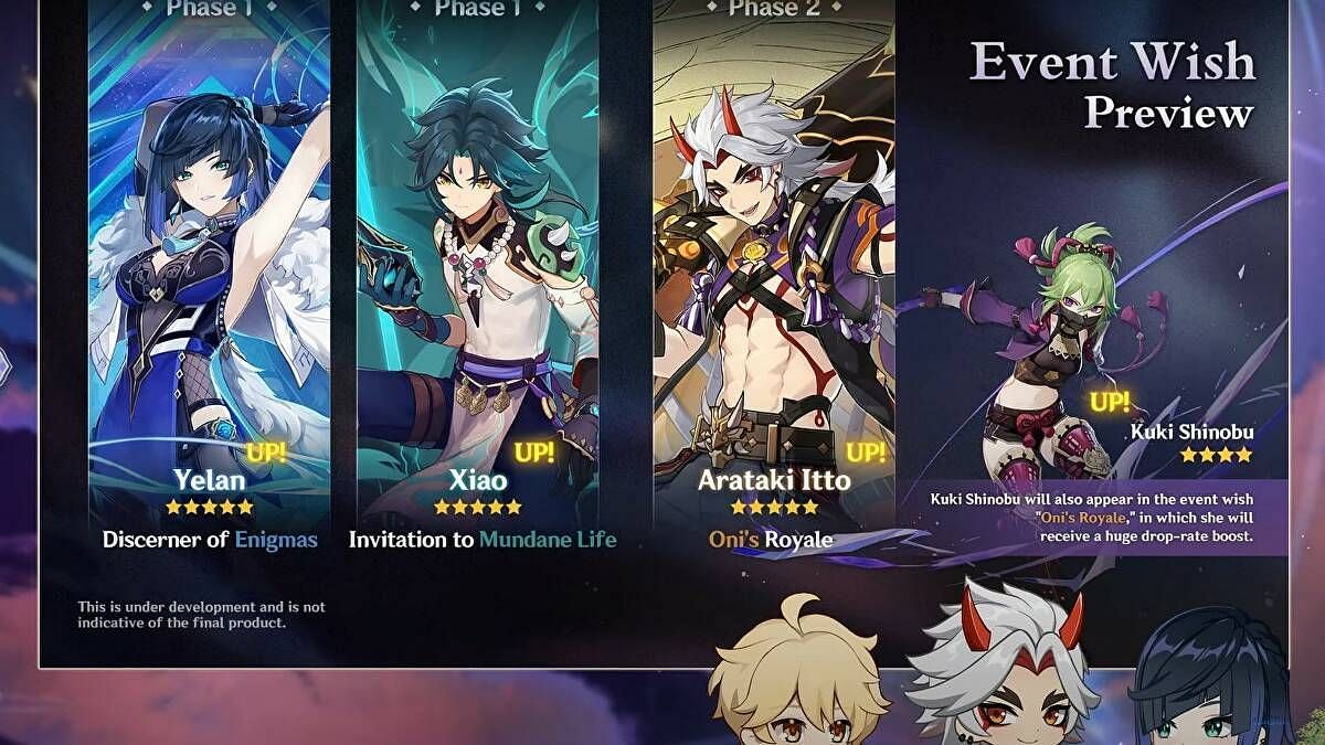 Upcoming banners in v2.7 featuring Yelan, Xiao, Itto, and Kuki Shinobu (Image via Hoyoverse)