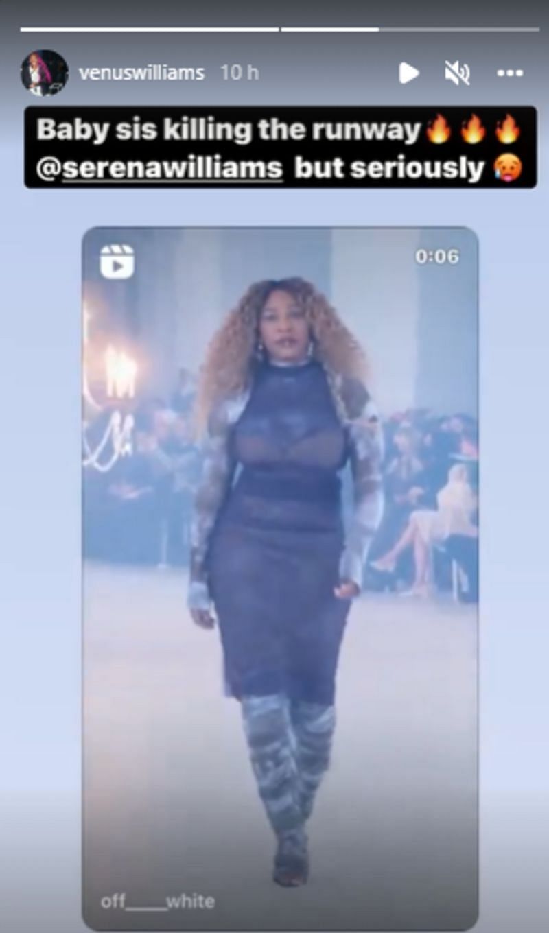 Venus Williams' story on Instagram about Serena's walk on the Off-White runway show