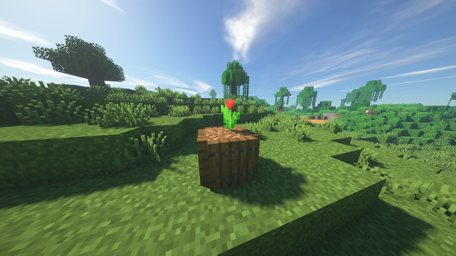 Some spruce trapdoors used as a pot (Image via Minecraft)