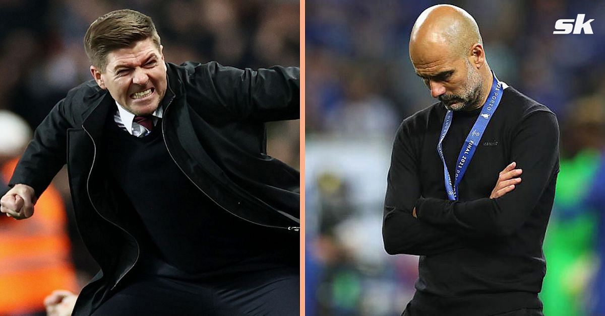 Aston Villa manager Steven Gerrard (left) and Manchester City manager Pep Guardiola (right)